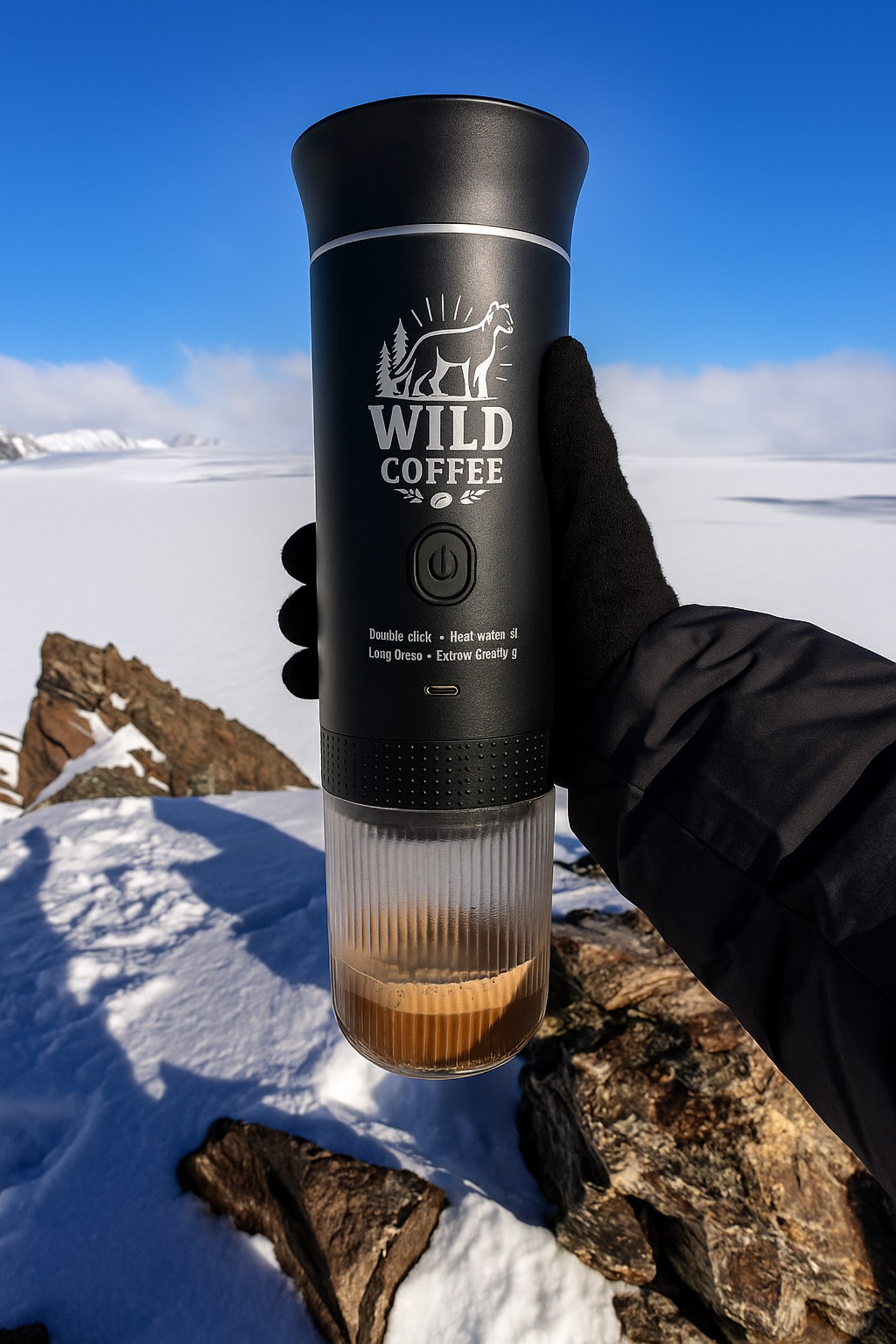 Cafetera Wild Coffee en la nieve con espresso recién extraído